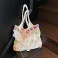 White hand-crochet tote bag with colorful 3D floral appliqués and mesh knit texture - Off-white