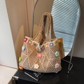 Knit tote bag with colorful 3D floral accents in beige crochet style for casual wear - Khaki