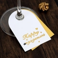 Laser-cut Happy Engagement wine glass place cards with gold backing on wood table - 10cm / White+Gold