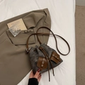 Schicke Vintage-Beuteltasche aus anthrazitfarbenem Canvas und braunem Leder mit Zugband - Ohne Anhänger / Dunkelbraun