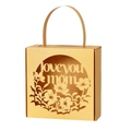 Close-up of gold hollow laser-cut gift box with Love You Mom text and floral patterns - Gold