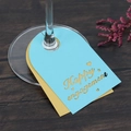 Blue and gold Happy Engagement wine glass place cards with laser-cut heart patterns - 10cm / Tiffany Blue and Gold