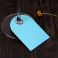 Détail d'une carte de place bleu clair en forme d'arche sur un fond de bois foncé - 8.5x5.7cm / Bleu Tiffany
