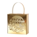 Detailed laser-cut flowers and Love You Mom text on golden Mother's Day gift box - Reflective Gold