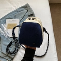 Mini contrast crossbody bag with blue denim, white canvas and rope shoulder strap - Dark Blue