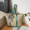 Large straw tote bag in beige with green sequin straps and a polka dot bow - Green