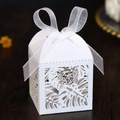 Macro detail of laser-cut tropical leaf patterns on a white wedding favor gift box - White
