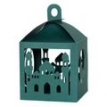 Close-up of laser-cut green paper lantern with crescent moon and mosque silhouettes - Ink Green