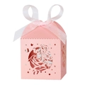 Pink laser-cut wedding candy box with rose and butterfly patterns and a ribbon bow - Pink