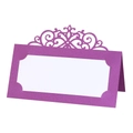Macro view of purple laser-cut folding place card with intricate floral hollow pattern - Dark Purple