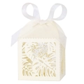 Macro shot of ivory laser-cut gift box with tropical leaf patterns and white organza ribbon - Ivory