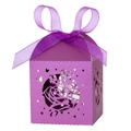 Detail of purple laser-cut wedding favor box with rose and butterfly patterns - Dark Purple