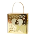 Detail of gold laser cut wedding favor box featuring romantic couple silhouette and floral art - Reflective Gold