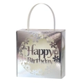 Macro shot of silver birthday gift box featuring hollow floral pattern and Happy Birthday text - Reflective Silver