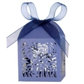Laser-cut light blue candy gift box with elegant leaf patterns and dark blue ribbon bow - Sapphire Blue