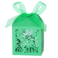 Laser-cut emerald green favor box with tropical leaf patterns and matching silk ribbon bow - Dark Green