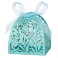 Elegant sky blue laser cut favor box with floral patterns and a satin ribbon bow - Tiffany Blue