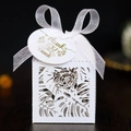 White laser cut wedding favor box with tropical leaf pattern, ribbon and thank you card - White (With Tag)