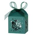 Dark green laser-cut wedding favor box with rose patterns and matching silk ribbon - Ink Green