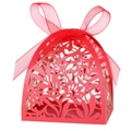 Detailed laser-cut hollow floral pattern on a red wedding favor gift box with ribbon - Pearlescent Red
