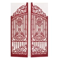 Detail of red glitter laser-cut invitation featuring an intricate gate design with texture - Glitter Red
