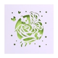Carte de vœux découpée au laser avec motif de rose et papillon blanc sur fond vert clair - Blanc et Vert