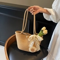 Handmade straw tote bag in natural brown with lace bow and pearl button detail - Khaki Flower Style