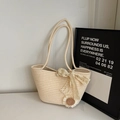 Chic cream straw tote bag with sunflower, lace bow, and pearl closure for summer - Off-White Flower Style