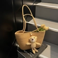 Straw tote bag in khaki with a pearl buckle and a cute white teddy bear charm - Khaki With Bear Pendant