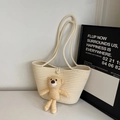Beige woven straw tote bag with cute plush teddy bear and elegant pearl button closure - Beige Bear