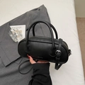 Elegant black lychee grain leather boston bag with silver hardware and adjustable strap - Black without Pendant