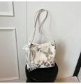 Beige canvas tote bag with butterfly embroidery and elegant lace bow charm - With Charm / Off White