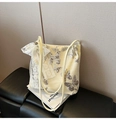 Cream tote bag with silver sequin butterfly embroidery and lace pearl ribbon detail - With Charm / Apricot