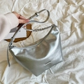 Silver metallic crescent hobo bag with adjustable strap and decorative thick chain - Silver