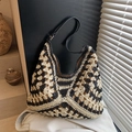 Woven beach shoulder bag with black contrast strap and hollow knit design - Beige & Black