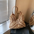 Chic woven beach hobo bag with hollow geometric pattern and brown leather strap - Beige & Khaki