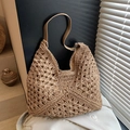 Bohemian crochet straw shoulder bag with hollow diamond pattern in light khaki color - Khaki
