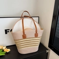 Set borsa tote in paglia e cappello da sole coordinato con righe beige e marrone chiaro - Stile Patchwork Rosa / Rosa