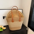 Set borsa in paglia e cappelli coordinati beige e crema con manici in pelle marrone - Stile Contrasto Cachi / Cachi