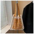 Sac cabas en tricot ajouré jaune et blanc orné de perles colorées - Jaune