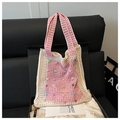 Sac fourre-tout au crochet crème et rose avec perles colorées et design ajouré - Rose