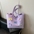 Lila karierte Canvas-Einkaufstasche mit bunten Polka-Dot-Schleifen für Damenmode - Lila