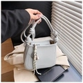 Light blue-grey lychee pattern leather bucket bag with a knotted thick rope handle - Blue
