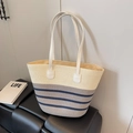 Large capacity woven straw beach tote bag with blue and grey stripes for summer vacation - Stripe Grey