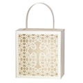 Detail of laser-cut floral pattern and cross on cream white wedding favor box - Ivory