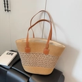 Large straw woven tote bag for beach vacations with stylish brown faux leather handles - Grid Khaki