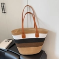 Large striped woven straw beach tote bag with stylish brown leather shoulder handles - Striped Black