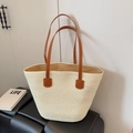 Large beige woven beach tote bag with stylish brown shoulder straps for summer vacation - Off-white