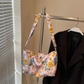 Pink canvas tote bag featuring 3D crochet flowers and bear charms with wide strap - Pink Bear