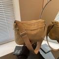 Light brown nylon crossbody bag with multi-zipper pockets and adjustable wide strap - Khaki